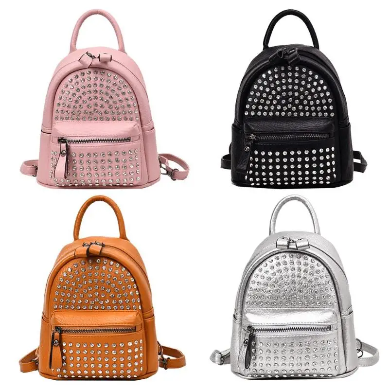 Rivet Rhinestone Backpack Women PU Leather Messenger Knapsack Fashion Girls Teen Schoolbags Travel Shoulder Bag Mini Back Pack