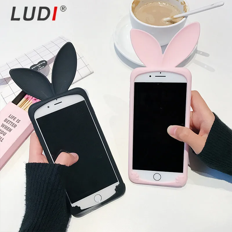 Чехол LUDI 3D с милыми заячьими ушками для iPhone X, 8, 7 plus, мягкий силиконовый чехол для iPhone 6, 6 S, 6 S plus, 5, 5S, SE, милый розовый и черный чехол для девочек