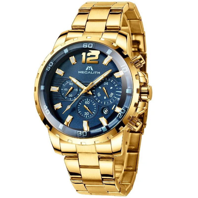 

MEGALITH Mens Watches Gold Luxury Casual Watch Waterproof Sport Chronograph Steel Strap Quartz Watches Clock Relogio Masculino