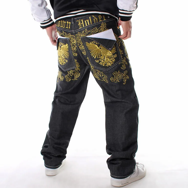 Свободные вышитые крылья прямые джинсы, мужские брюки джинсы в стиле хип-хоп мужские хип-хоп Уличная длинные ковбойские брюки, большой
