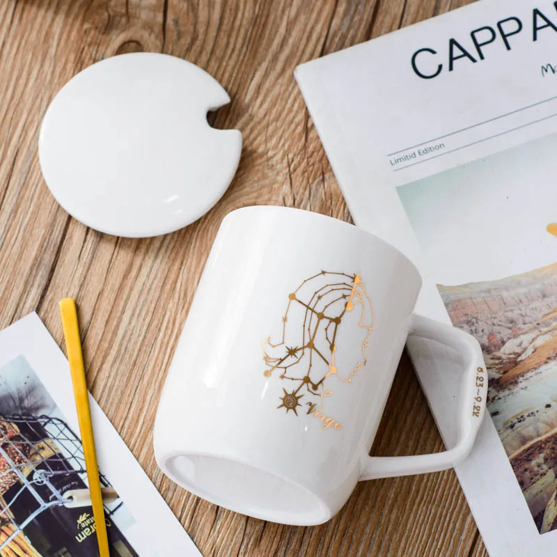 12 Constellation Ceramic Mug with Covered Spoon Creative Black and White Couple Coffee Cup ins Water Cup