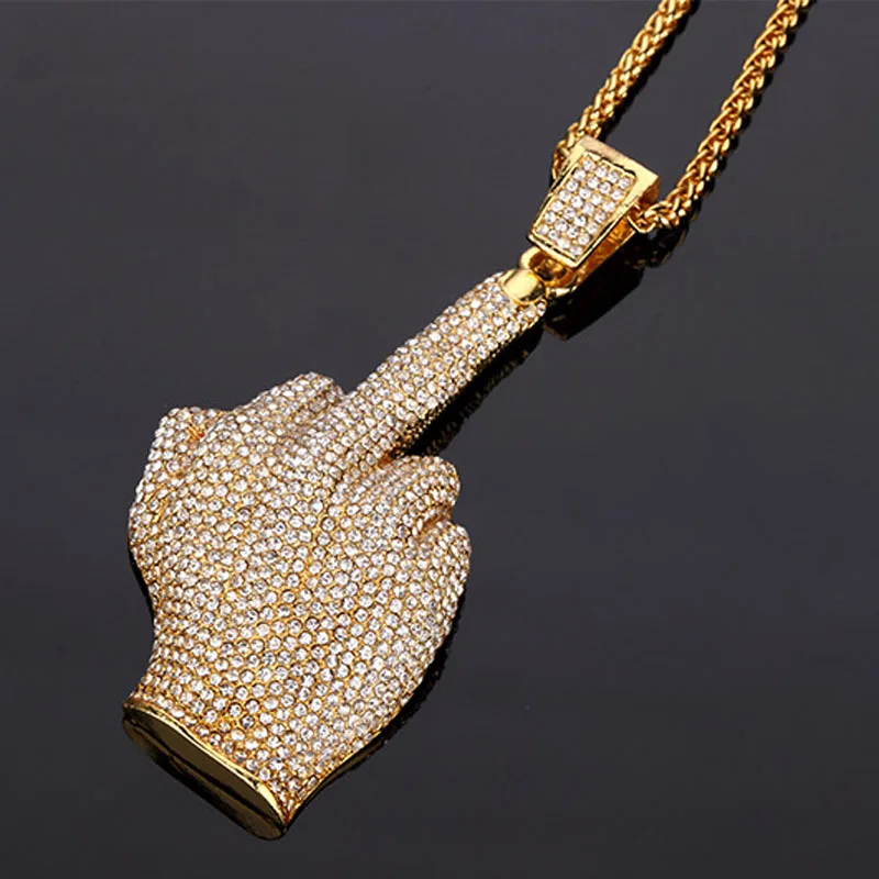 

New Coming Golden Rock and Roll Middle Finger Pendant Rhinestone Iced Out Hip Hop Necklace Empire Chain Jewelry Gift