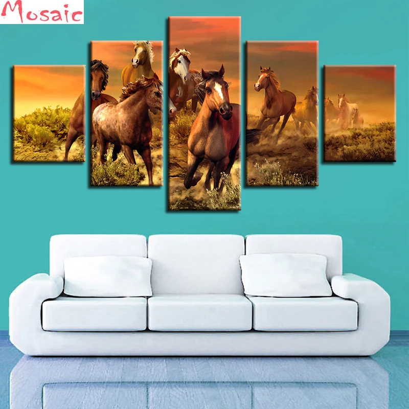 

5pcs Full Square Drill 5D DIY Diamond Painting 5pcs Animal Horse Embroidery Cross Stitch Mosaic Home Decor new year Gift