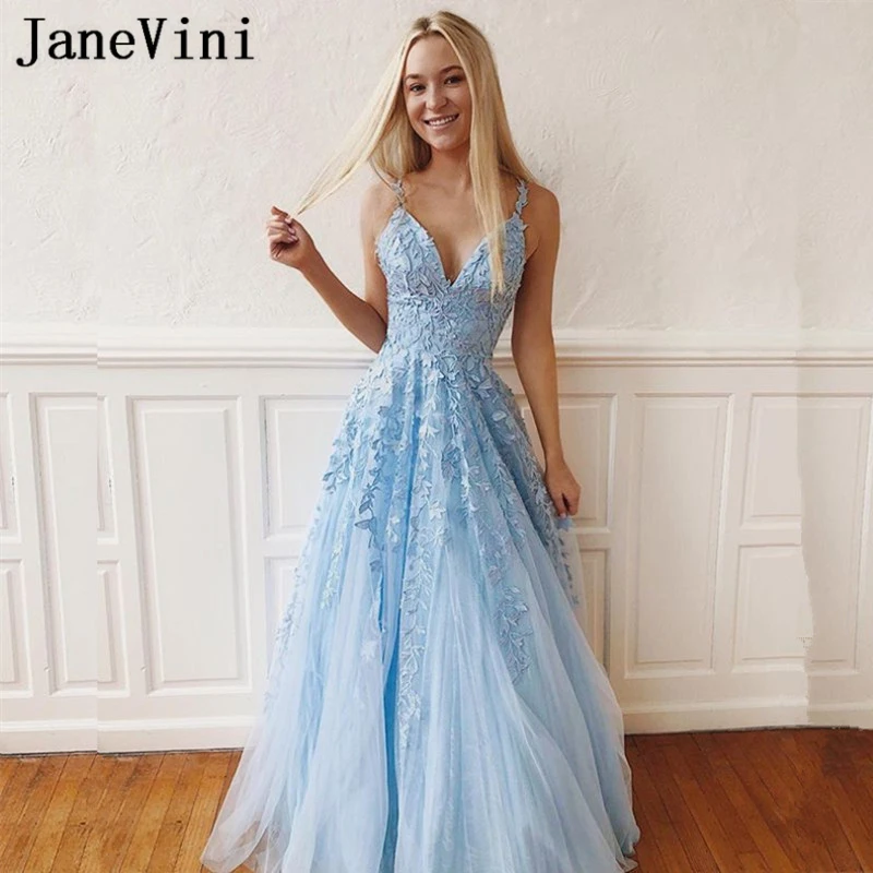 

JaneVini Charming Light Sky Blue Tulle Plus Size Prom Dresses V Neck Lace Appliques Backless A Line Prom Long Elegant Dresses