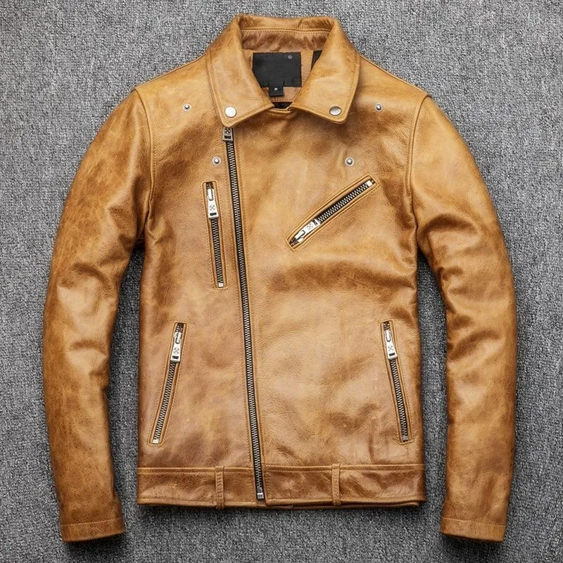 Revers Pour À De Hommes Homme Vintage Manteau Orange Fit 4xl Glissière Veste Slim Réel Peau Taille En Cuir Fermetures Vache Véritable Biker Moto Grande Yb6vf7gy