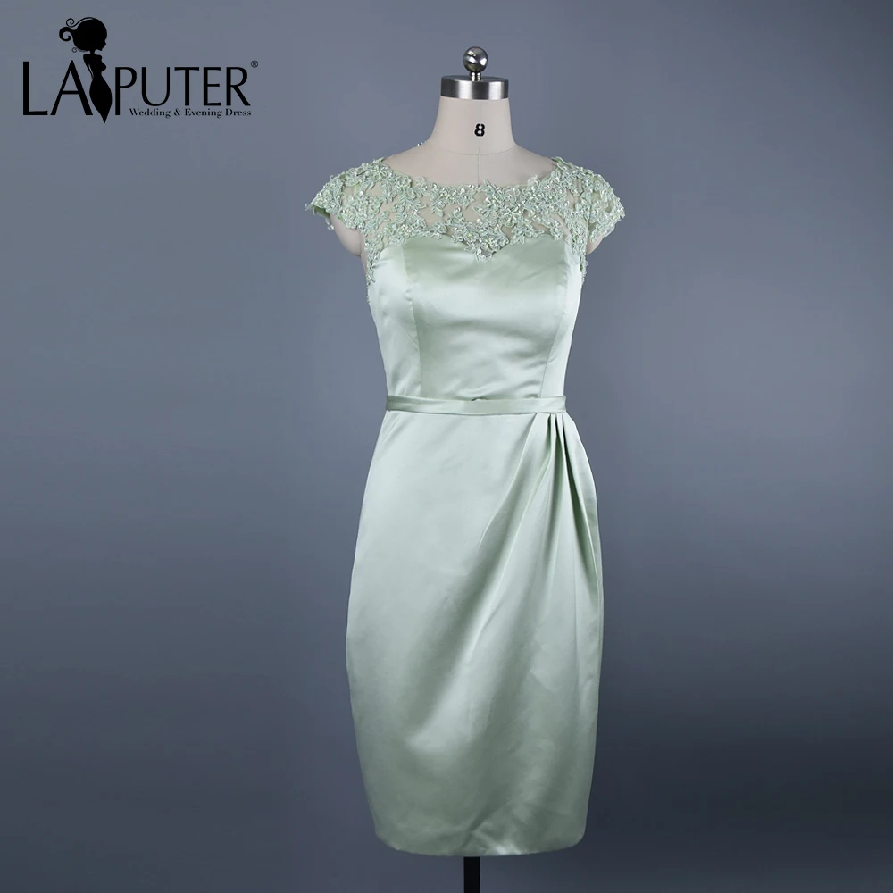 Real Photos Beaded Appliques Short Sleeves Light Green Mother of the Bride Dress 2017 Sheath