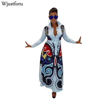 

Wjustforu Dashiki African Dresses For Women Fashion Printed Elegant Maxi Dress Female Robe Africaine femme Zipper Shirt Dress