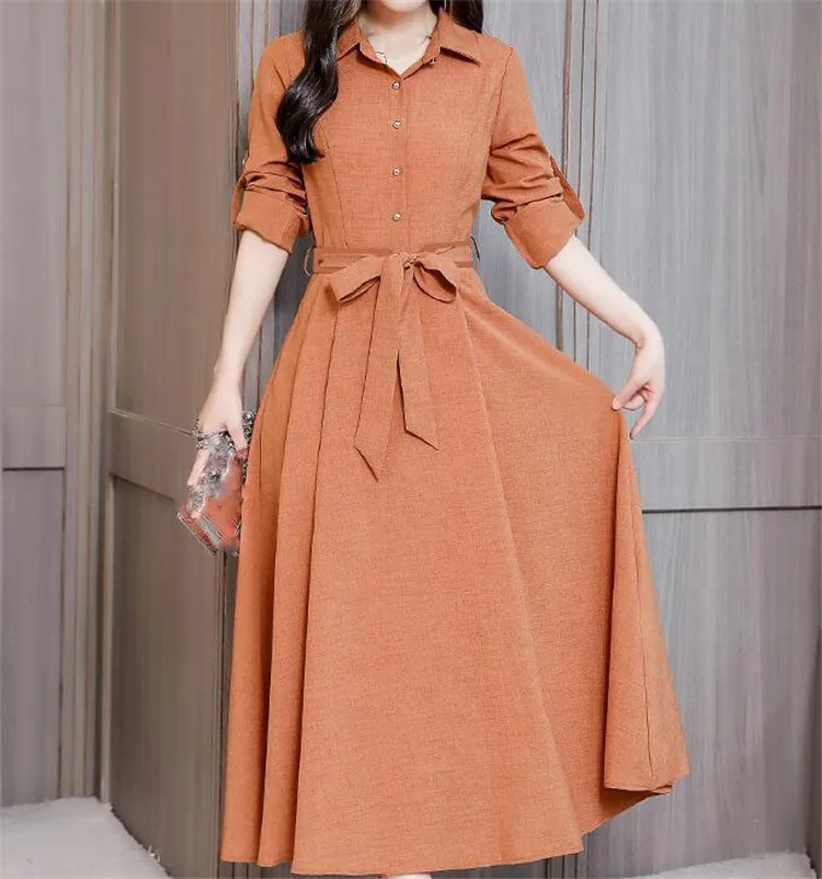 

2019 Woman Spring Summer Turn-Down Collar Plus Size Dress Vintage Long Sleeve Solid Shirt Dress Long Cotton Linen Dress