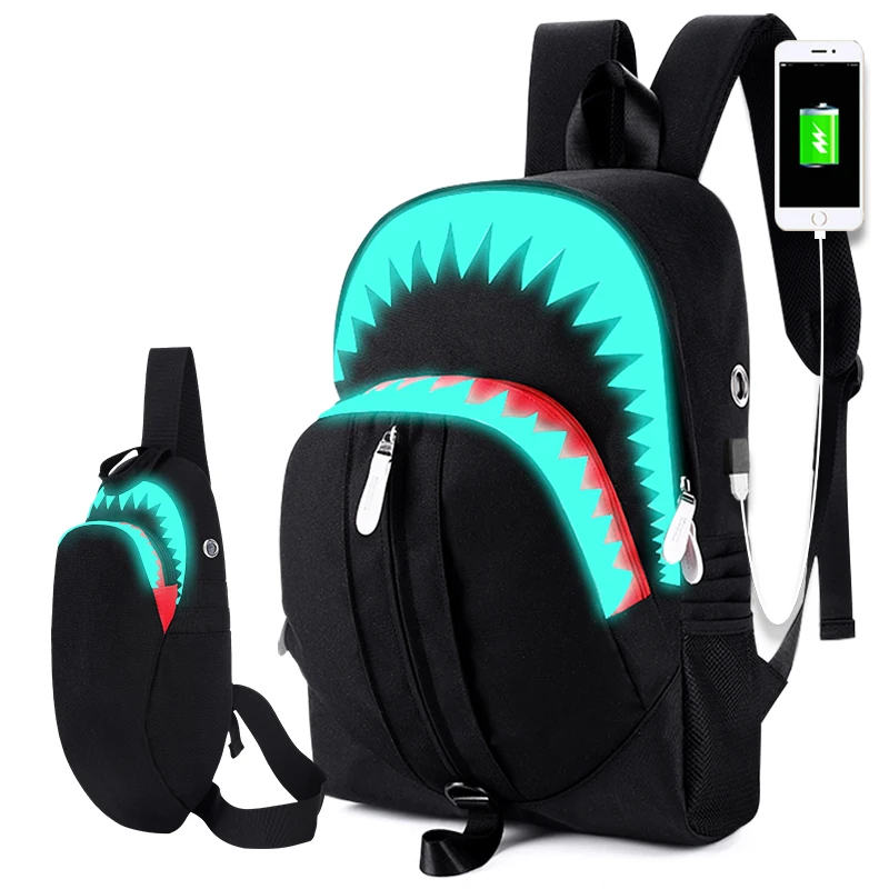 الرجال الأزياء USB شحن يلة مضيئة على ظهره القرش محمول على ظهره حقيبة صدر للرجال المراهقين حقيبة مدرسية Mochila السفر حقيبة أسود الرجال الأزياء USB شحن يلة مضيئة على ظهره القرش محمول على ظهره حقيبة صدر للرجال المراهقين حقيبة مدرسية Mochila السفر حقيبة أسود