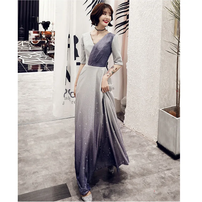 It's Yiiyya Evening Dress Elegant Slim Women Party Dress V-neck Robe De Soiree Long Plus Size Half-sleeve Prom Dresses E549