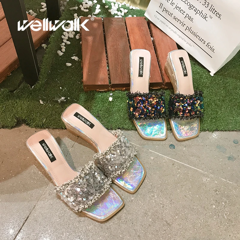 

Wellwalk Women Wedge Slippers Ladies Espadrilles Sequined Denim Sqaure Toe Flash Fashion Design Female Sexy Summer Luxury Slides