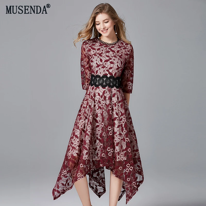 

MUSENDA Plus Size Women Elegant Lace Slim Tunic Asymmetrical Midi Dress Autumn Female Ladies Party Office Vintage Dresses Robe