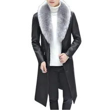 Новинка, зимний блейзер с меховым воротником, длинное Мужское пальто с мехом, мужская деловая Повседневная кожаная куртка, флисовое теплое толстое пальто