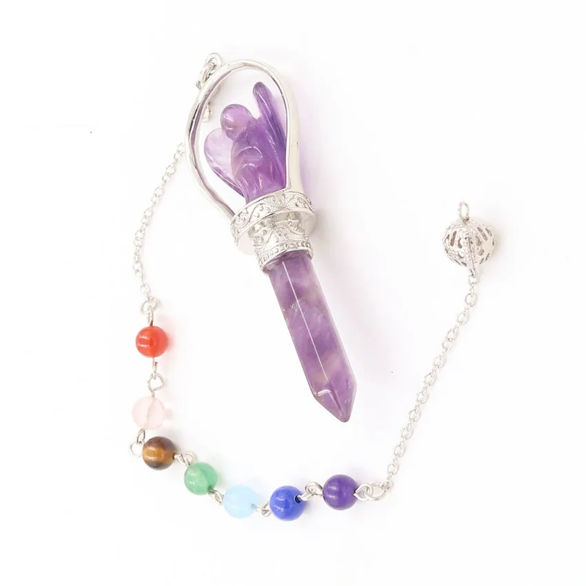 

FYJS Unique Silver Plated Angel Natural Amethysts Stone Scepter Pendant Healing Chakra Chain Jewelry