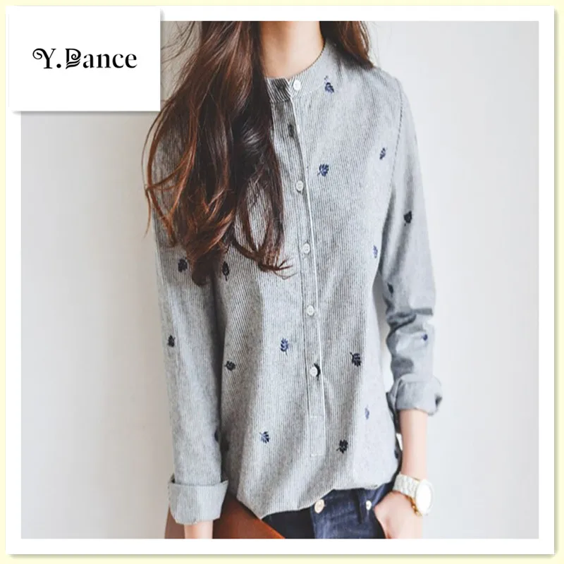 2017 new  Leaves Embroidery Long Sleeve Women Blouses And Shirts Female Ladies Casual Shirt Tops Striped Plus Size Blusas Blouse