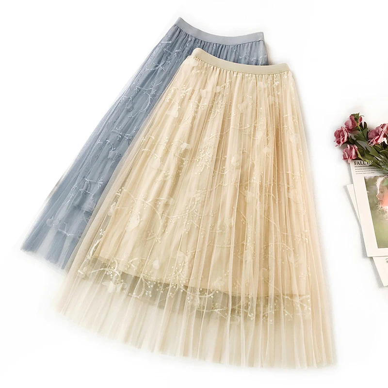 Женская сетчатая юбка с вышивкой 3 D, Женская Весенняя и летняя длинная юбка феи, эластичная юбка трапециевидной формы с цветочной вышивкой, женские юбки