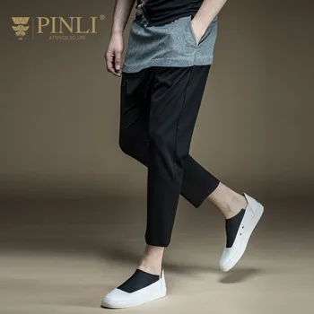 

Free Shipping New male men's man summer Slim casual 2017 pure color black trousers personality Stitching pants B172617352