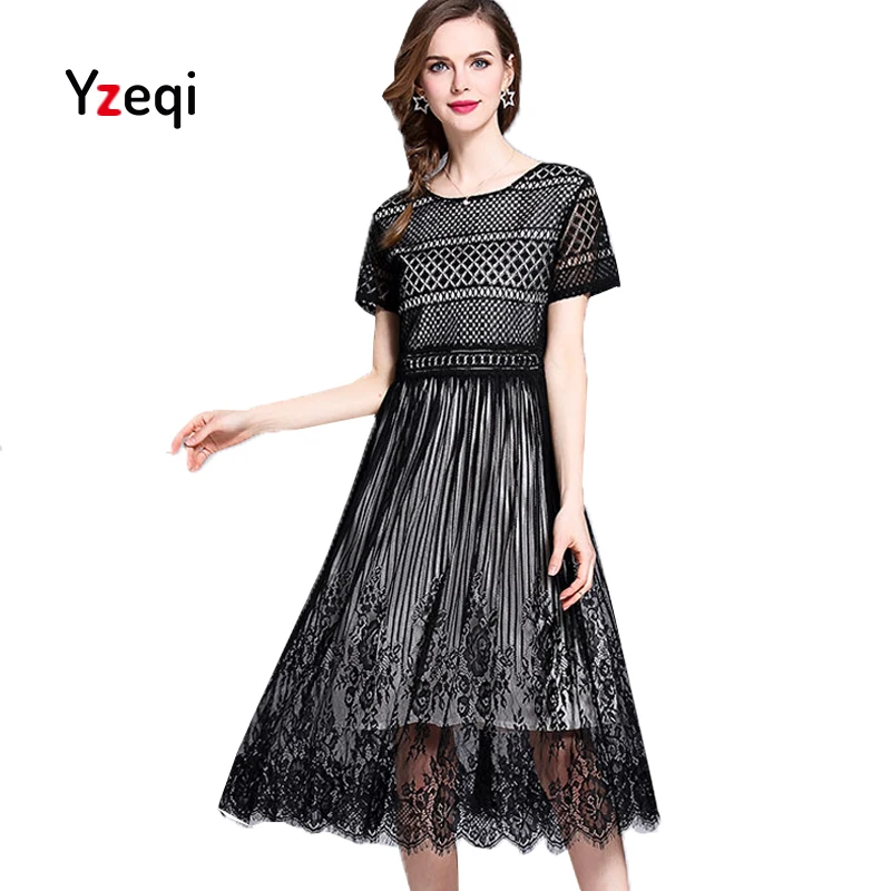 Yzeqi летнее кружевное платье работы Повседневное узкие модные с круглым вырезом