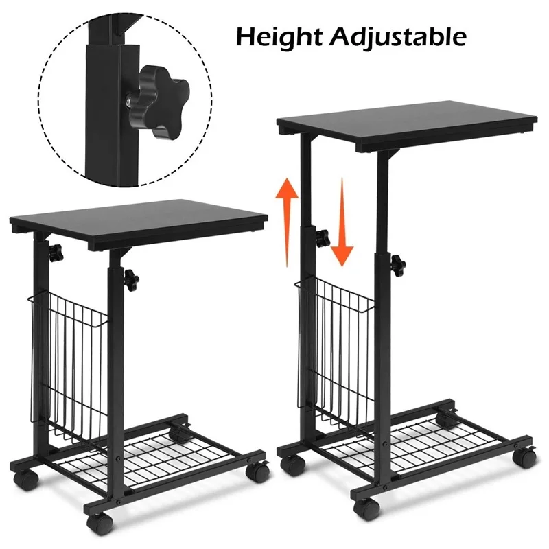 C Shaped Height Adjustable Sofa Side Snack End Table Compact Size Sturdy Steel Frame Storage Mesh R