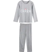 Брендовая Хлопковая пижама с длинными рукавами милая Пижама для девочки полосатая Пижама для отдыха пижамные комплекты Femme женская одежда для сна серая домашняя одежда