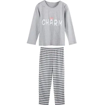 

Brand Long Sleeved Cotton Pajamas Sweet Girl Pyjama Striped Sleep Lounge Pajama Sets Femme Women's Sleepwear Gray Home Clothing