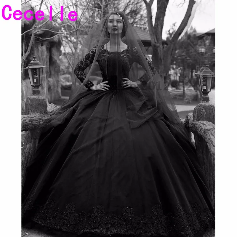 Black Gothic Wedding Dresses 2017 Long Sleeves Beaded Lace Tulle