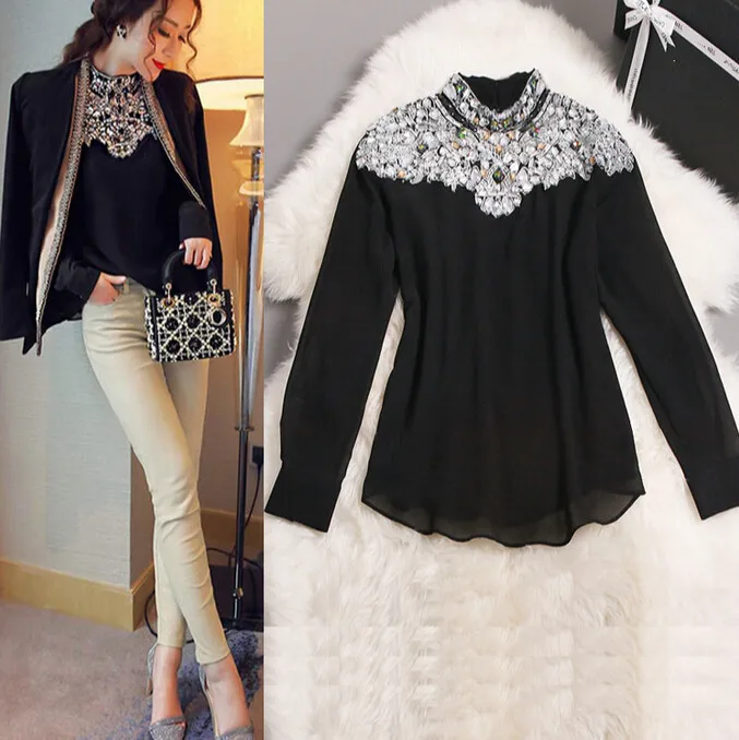 

AMBMCM 2019 New Fashion Promotions trendy cozy fashion women clothes casual Blouse Diamond Beaded Slim shirt for women tops