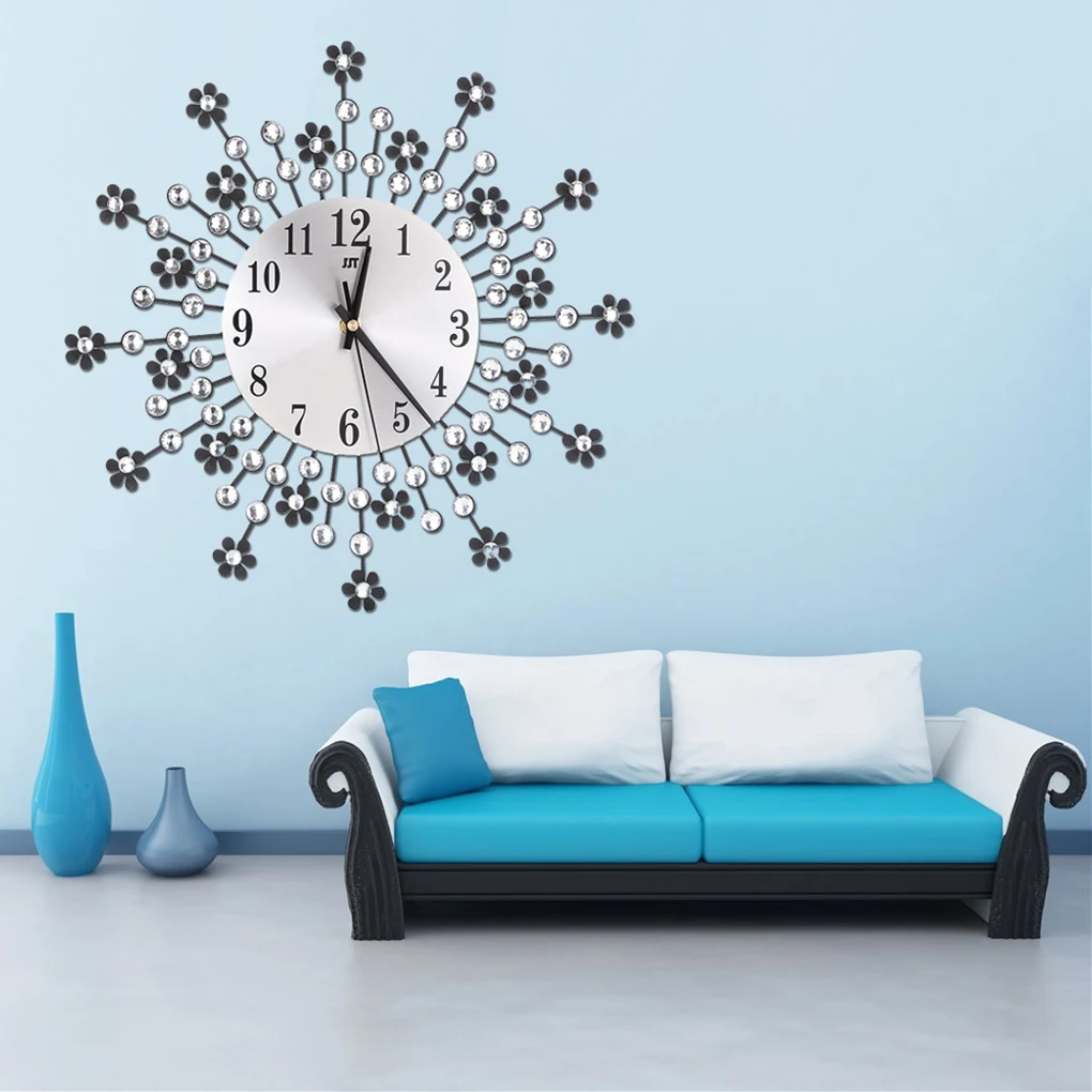 

New Crystal Flower Metal Wall Clock Living Room Bedroom Office Decoration Rhinestone Wall Watch