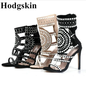 

Europe Station Glitter Crystal Pearl Sandals Women Suede Zipper Thin High Heels Woman Boots Vintage Rome Pumps Size 35-42