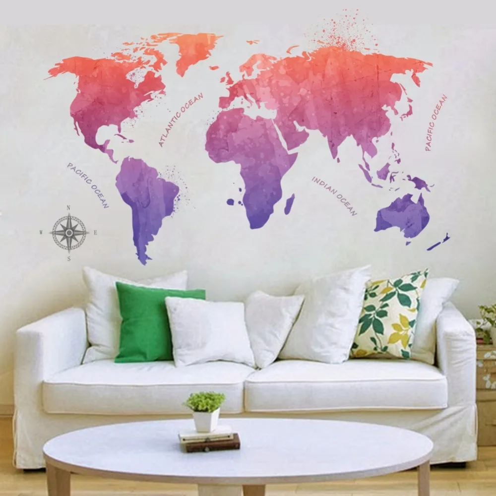 

Color Gradient World Map Wall Stickers for Living room kid's room Bedroom Nursery Home Decor Wallpaper Art Murals Decals dc18