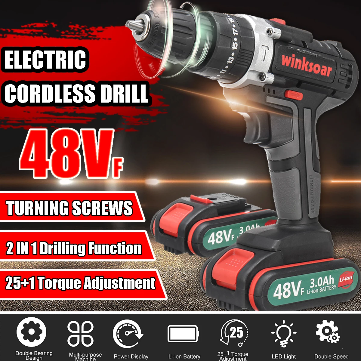 

48VF 2-speed Cordless Electric Screwdriver Impact Drill 25+1 Torque Rechargeable 2xLI-ION Battery Electric Drill Power Tools