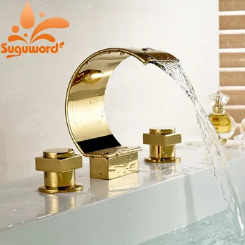 

Widespread 3 Holes Waterfall Basin Faucet Gold Finish Bathroom Sink Mixer Tap