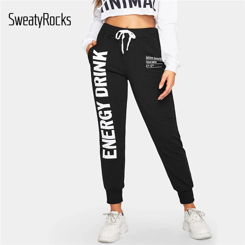 SweatyRocks Letter Print Drawstring Pocket Pants Streetwear Women ...