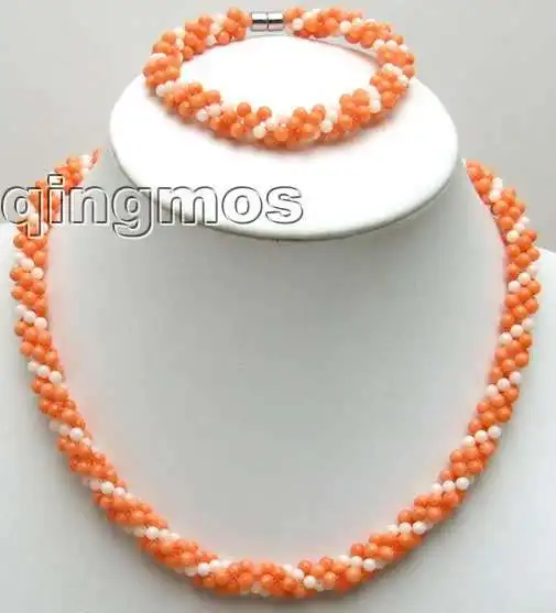 

Genuin Natural White & Pink Round Coral Hand-knitted 18" necklace and 7.5" bracelet sets-5408 Wholesale/retail Free ship