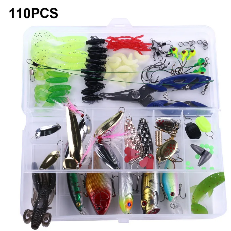 

GLEEGLING 110/Pcs Topwater Fishing Lure Artificial Hard Bait 3D Eyes Popper Crank Spoon Lure Hard Baits with Fishing Tackle Box
