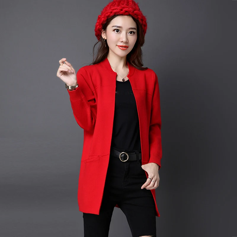 

2019 Girl Casual Long Knitted Cardigan Autumn Korean Women Loose Solid Color Pocket Design Sweater Jacket Pink black Plus Size