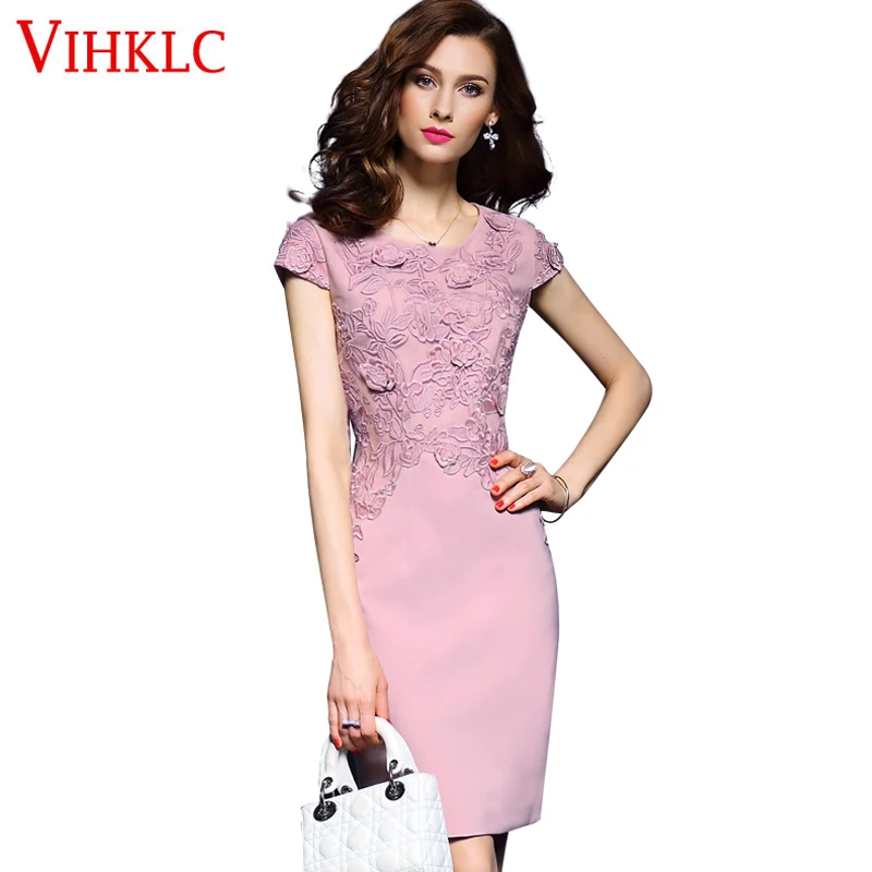 

2017 Women's Summer O-neck Slim Floral Printed 3D Embroidery Party Dress Short Sleeve Elegant Lady Bodycon Sheath Dresses A528