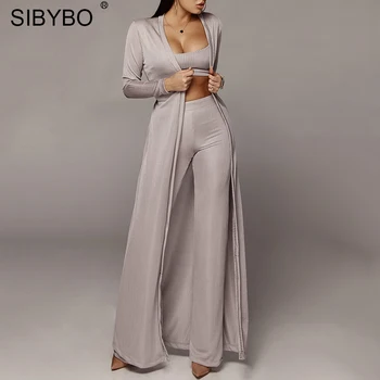 

JULISSA MO Strap Bodycon Jumpsuits Women Rompers 3 Piece Set Long Coat+Crop Tops+Wide Leg Pant 2018 Autumn Winter Sets Overalls