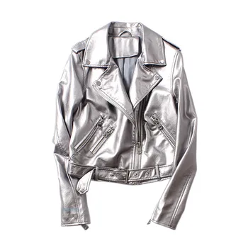 

WSYORE Women Short Faux PU Leather Jacket 2019 New Outwear Silver Long Sleeve Motorcycle Jacket and Coat Biker Jacket NS1122