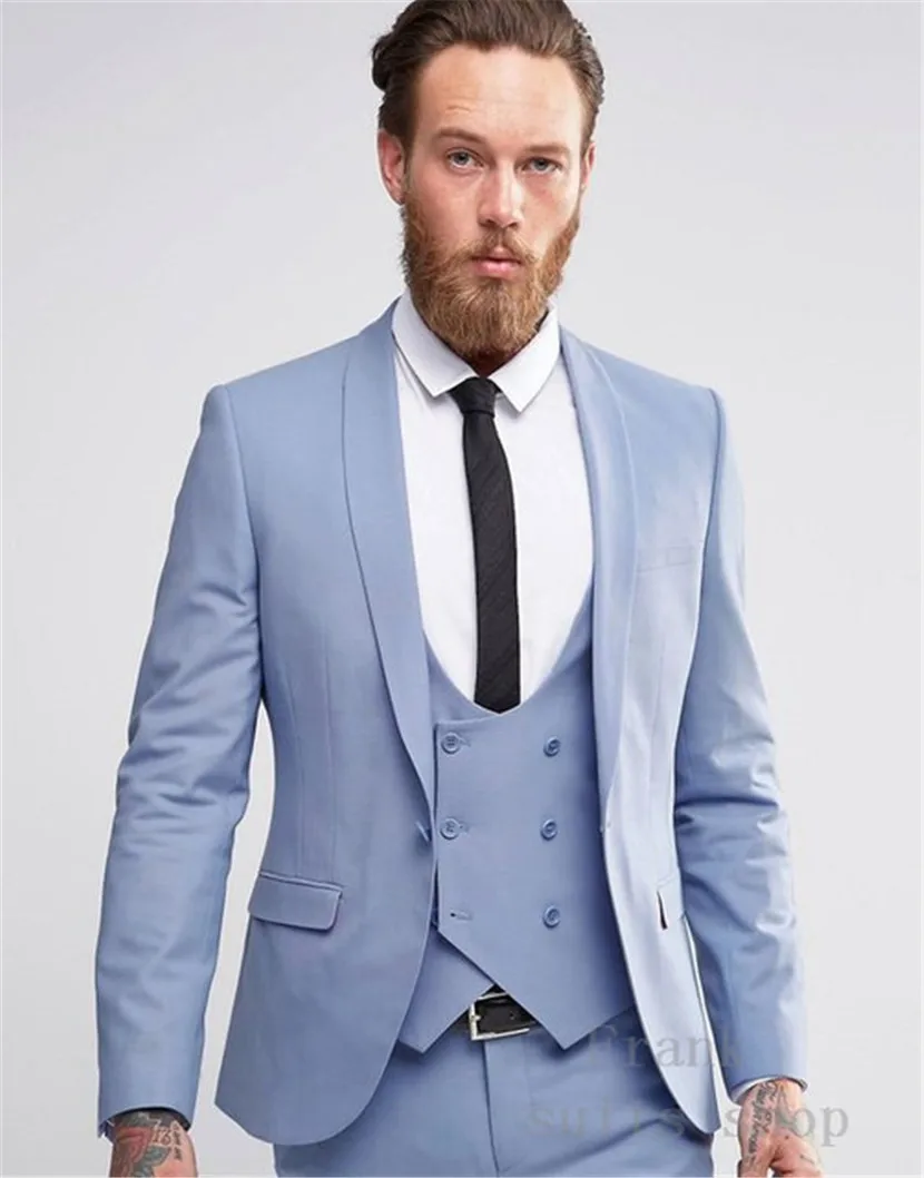 

2018 Newest Light blue Groomsmen shawl Lapel Mens Wedding Suits Groom Tuxedos costume 3 pieces Men Suit (Jacket+vest+Pants)