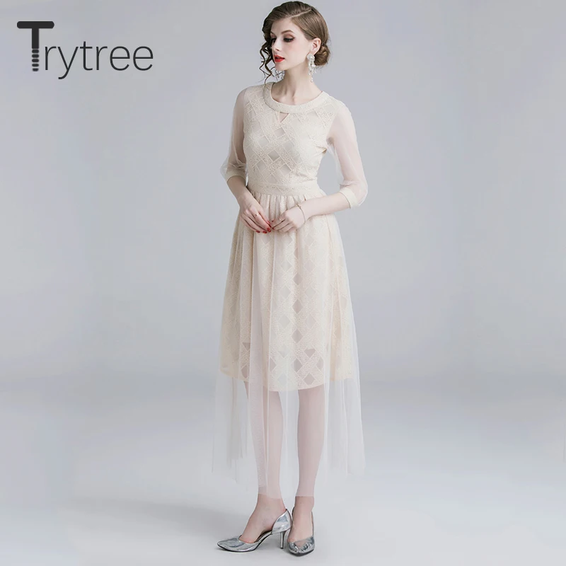 Trytree, летнее, осеннее платье, с вырезом, с круглым вырезом, в сетку, с геометрическим рисунком, кружевное, женское платье, полупрозрачное, с рукавом, ТРАПЕЦИЕВИДНОЕ, Повседневное платье