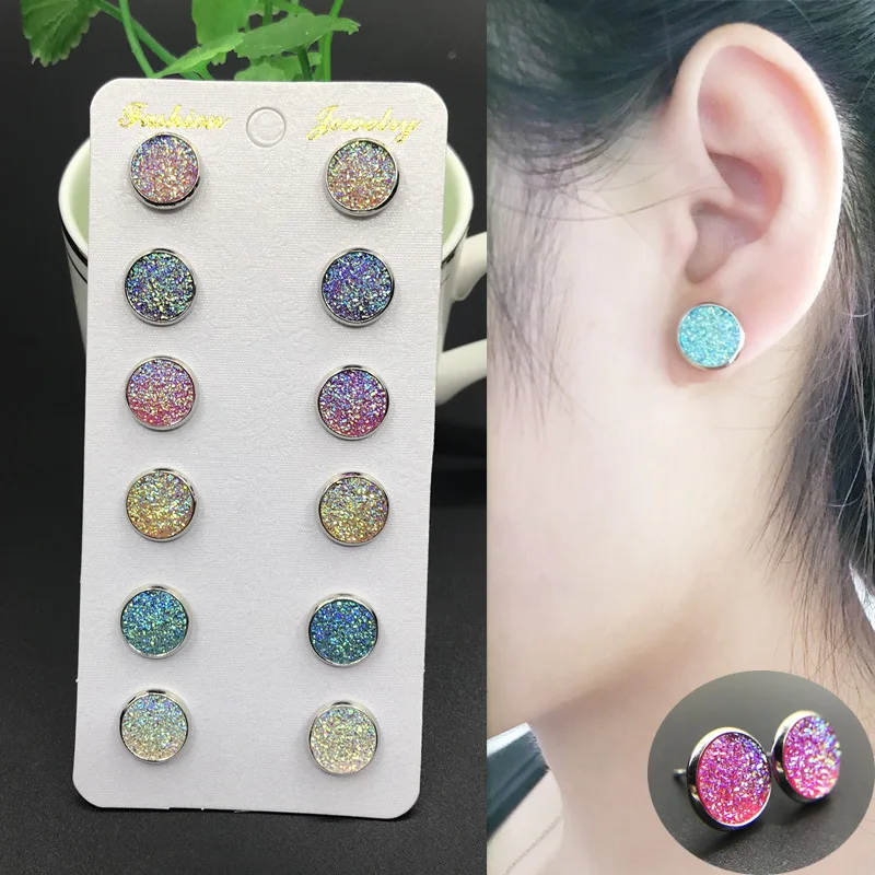 

6PCS/set Rainbow Candy Colors Circle Stud Earring Shine Designs Cute Earring For Women Girls Macaron Style Daily Jewelry Gifts