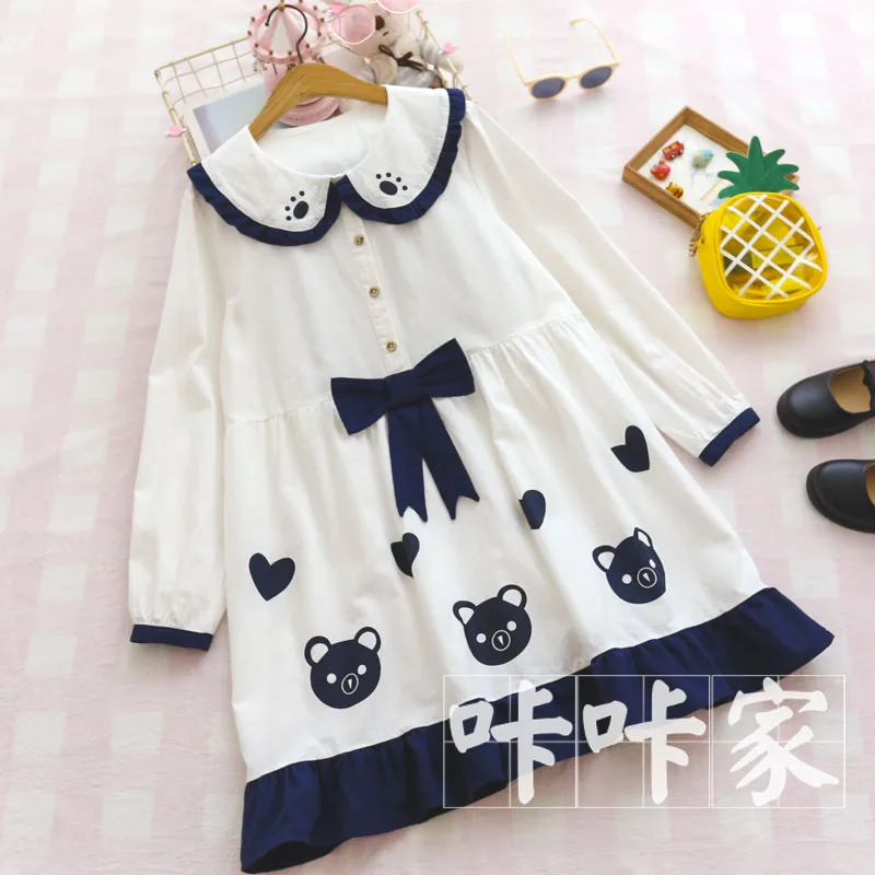 

2019 Autumn Japanese Style Kawaii Doll Collar Dress Mori Girl Cute Love Bear Printed Bow Long Sleeve Kawaii Dress