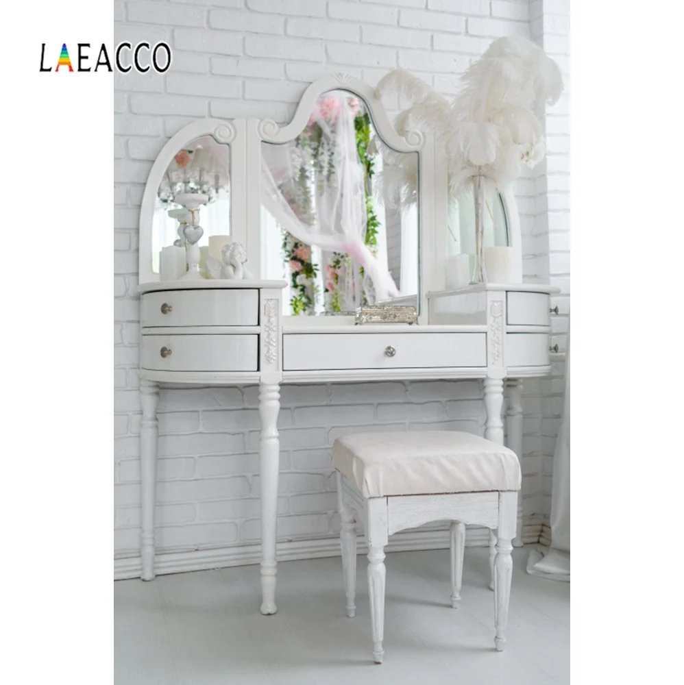 

Laeacco Dressing Table Gray Brick Wall Make Up Mirror Room Princess Interior Photo Background Photography Backdrop Photo Studio