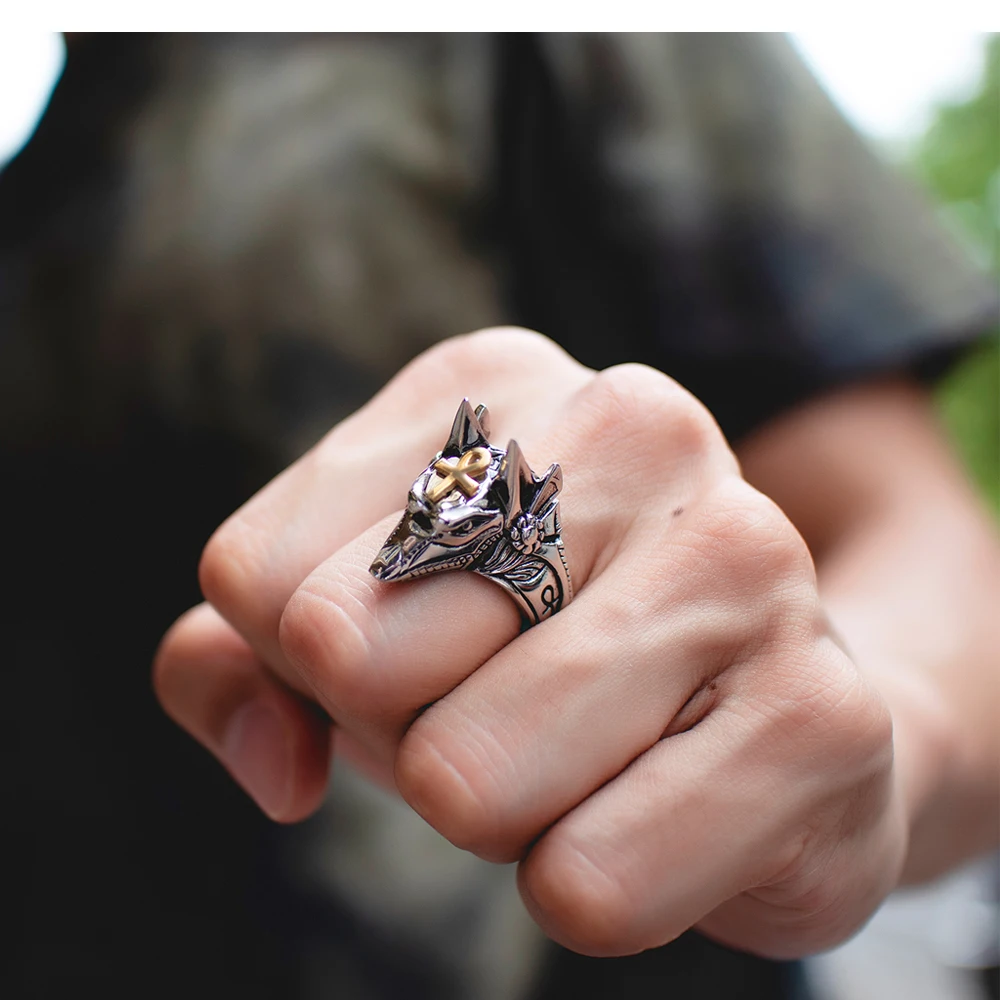 Ceny Nowy dominujący kreatywny Anubis egipski pierścionek krzyż bague titanium stalowa męska punk pierścionki biżuteria Anubis mężczyźni pierścień moda proste