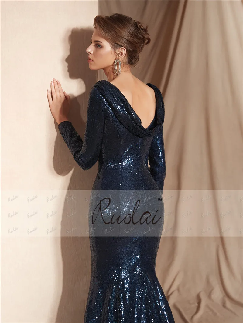 Dark Navy Mermaid Evening Dress Long Sleeves Sequin Evening Gown Open Back Evening Party Dress Robe de Soiree SN18