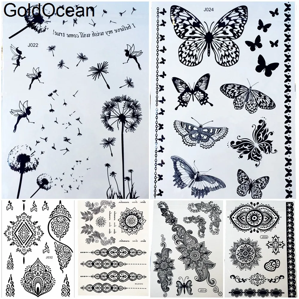 

Dandelion Butterfly Insects Black Henna Temporary Tattoo Girl Body Hand Art Tattoo Stickers Bracelet Women Party Fake Tatoos Arm