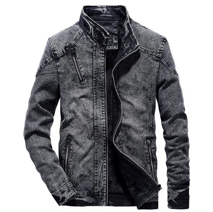Винтажные джинсовые куртки Мужские осенне-зимние пальто плюс размер с длинными рукавами на молнии Джинсы Верхняя одежда повседневные тонкие для мужчин Xl5116 - Цвет: Черный