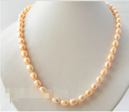 

Free shipping >>>>>17'' 8mm Pink Rice Freshwater Pearl Necklace