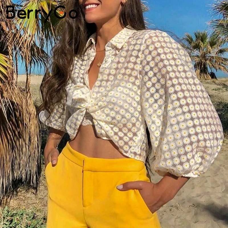 

BerryGo Elegant Sweet flower women blouse shirt mesh buttons female short tops shirt Holiday beach summer ladies blouses tops